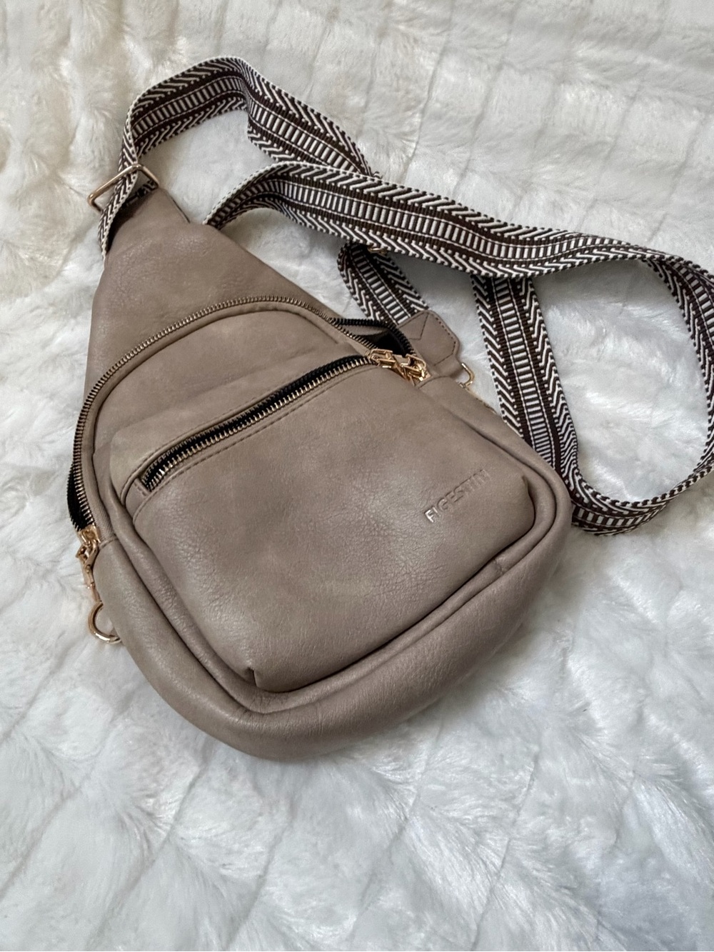 Taupe Crossbody Sling Bag with Striped Strap